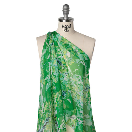 Silk Voile Print - Green and Blue Birds Among Leaves - Deadstock