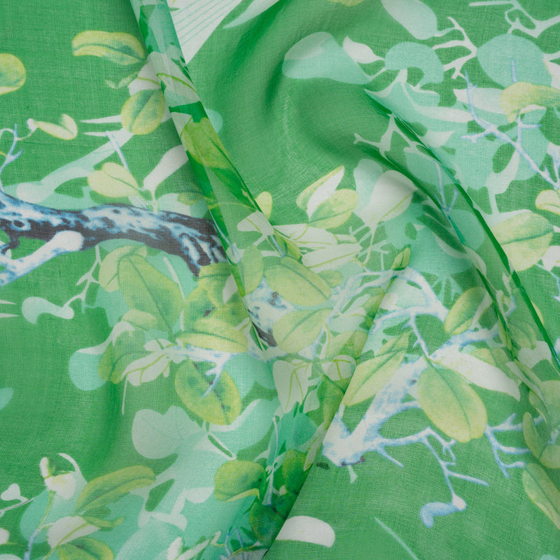 Silk Voile Print - Green and Blue Birds Among Leaves - Deadstock
