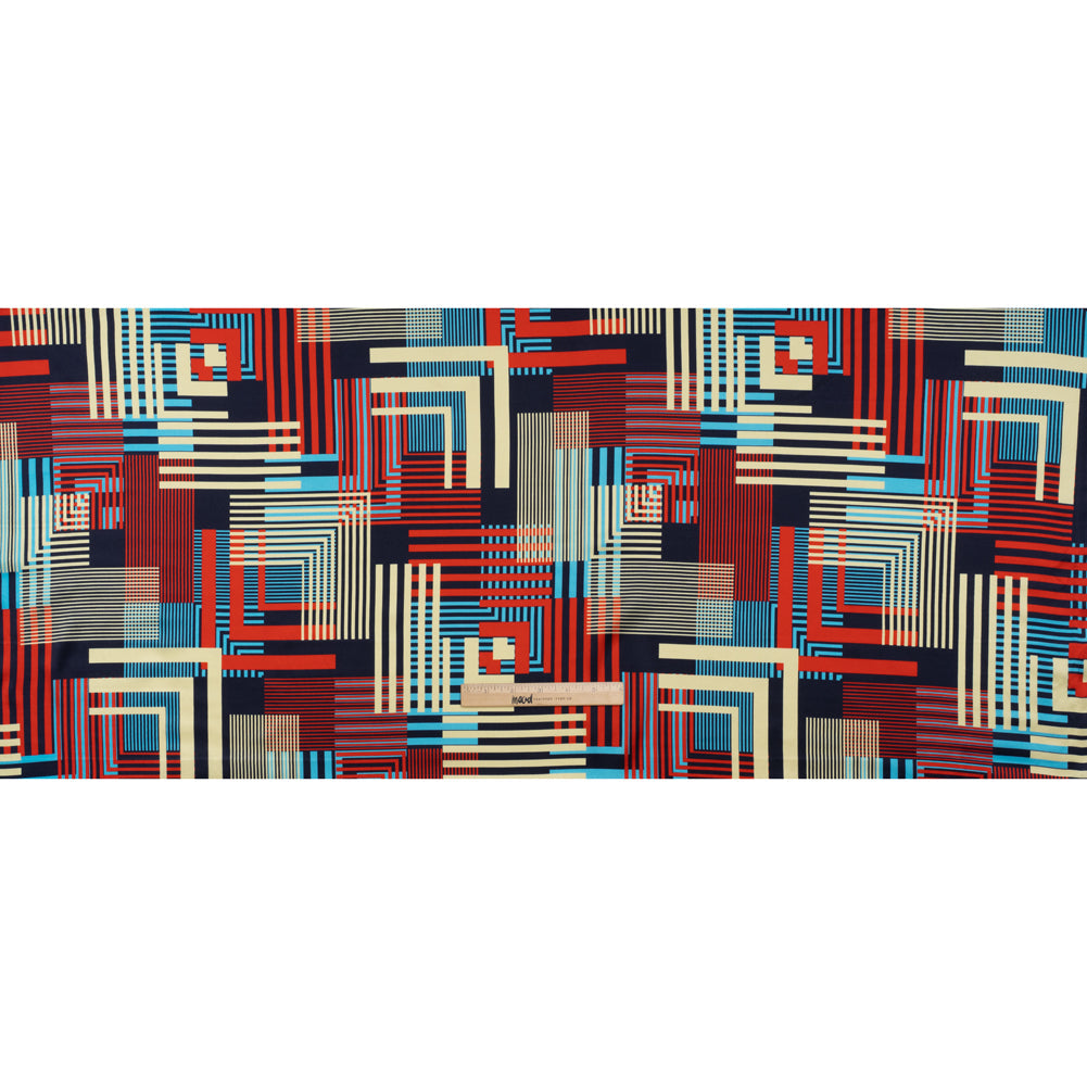 Stretch Silk Charmeuse Print - Red, Blue and Pale Yellow Striped Geometrics - Deadstock