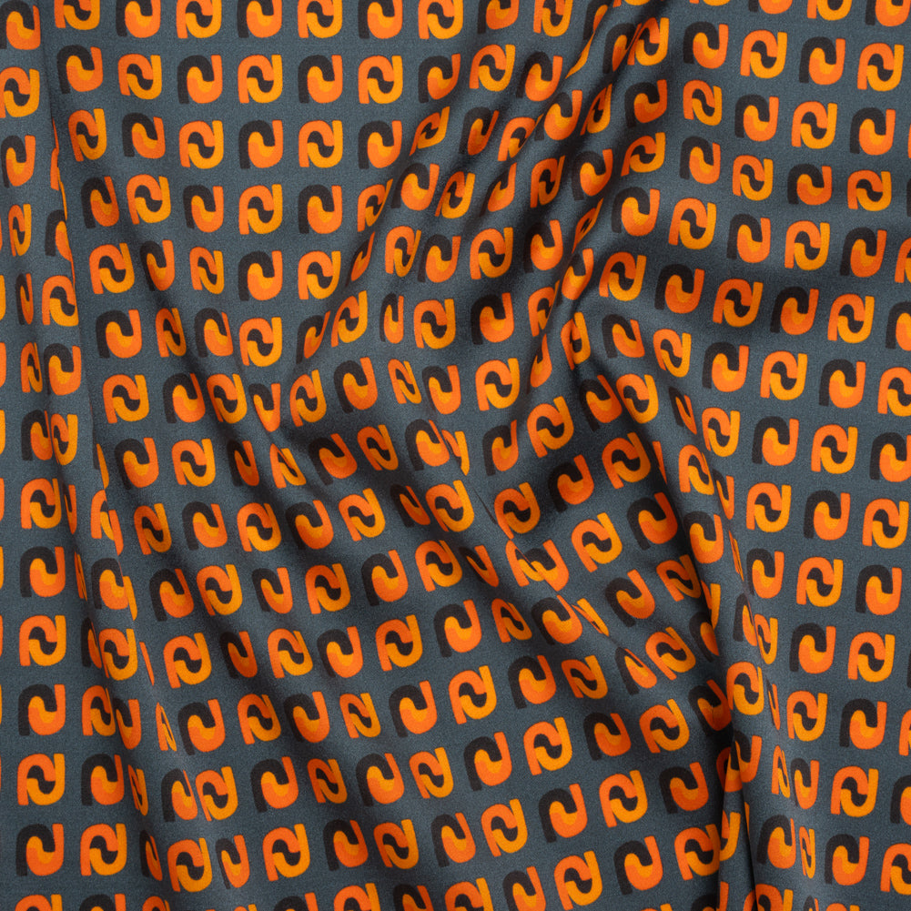Stretch Silk Charmeuse Print - Steel, Black and Orange Geometric - Deadstock