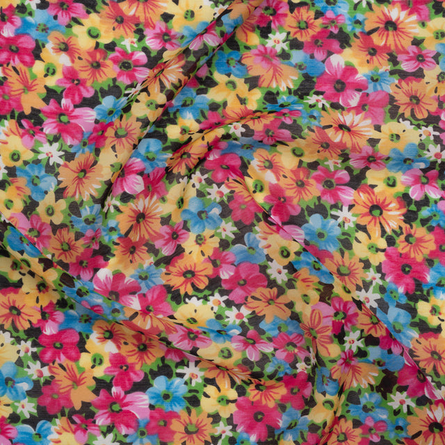 Silk and Cotton Voile Print - Pink, Yellow and Blue Floral - Deadstock