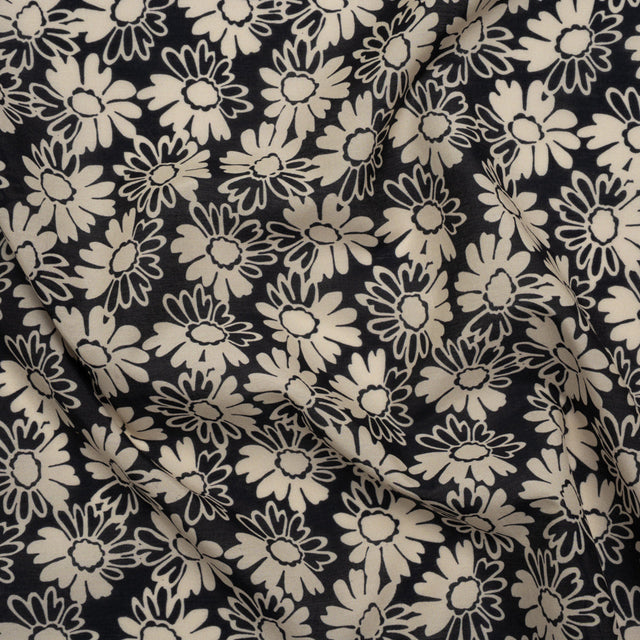 Silk and Cotton Voile Print - Cream and Black Floral - Deadstock