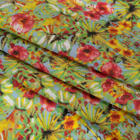 Silk and Cotton Voile Print - Bright Pink, Yellow and Light Blue Tropical Flower Medallions - Deadstock