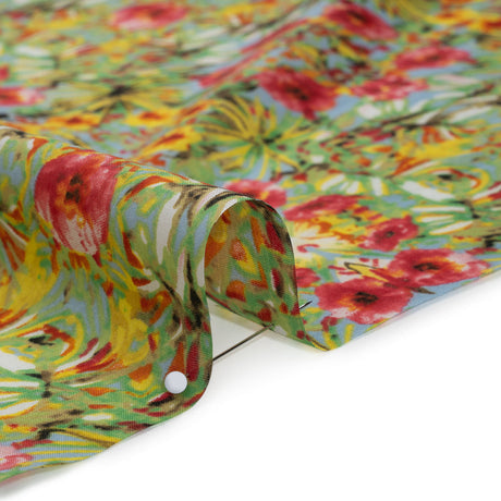 Silk and Cotton Voile Print - Bright Pink, Yellow and Light Blue Tropical Flower Medallions - Deadstock