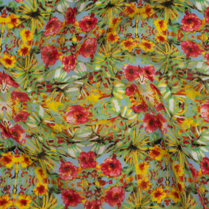 Silk and Cotton Voile Print - Bright Pink, Yellow and Light Blue Tropical Flower Medallions - Deadstock