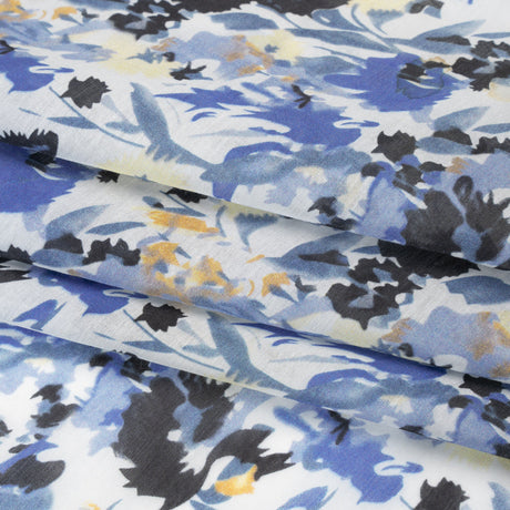 Silk and Cotton Voile Print - Blue, Yellow and White Floral - Deadstock