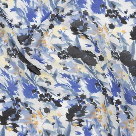 Silk and Cotton Voile Print - Blue, Yellow and White Floral - Deadstock