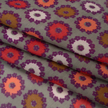 Silk and Cotton Voile Print - Gray, Purple and Pink Flower Medallions - Deadstock