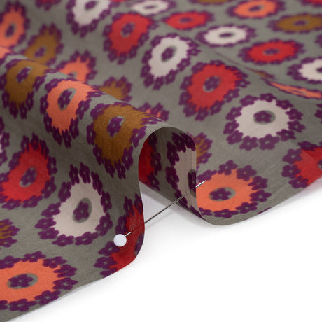 Silk and Cotton Voile Print - Gray, Purple and Pink Flower Medallions - Deadstock