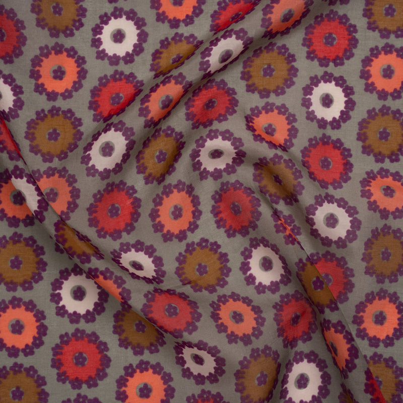 Silk and Cotton Voile Print - Gray, Purple and Pink Flower Medallions - Deadstock