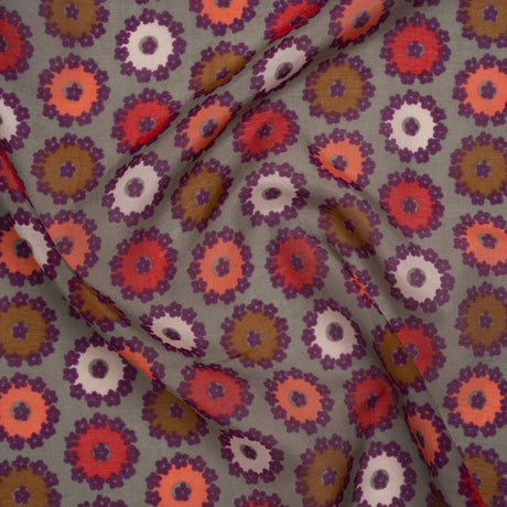 Silk and Cotton Voile Print - Gray, Purple and Pink Flower Medallions - Deadstock