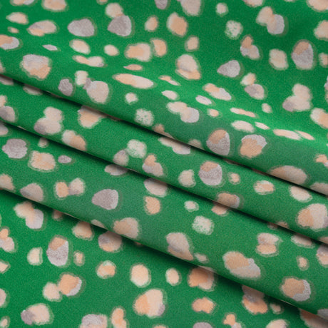 Polyester Satin Print - Kelly Green, Beige and Gray Abstract Dots - Designer Deadstock
