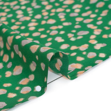 Polyester Satin Print - Kelly Green, Beige and Gray Abstract Dots - Designer Deadstock