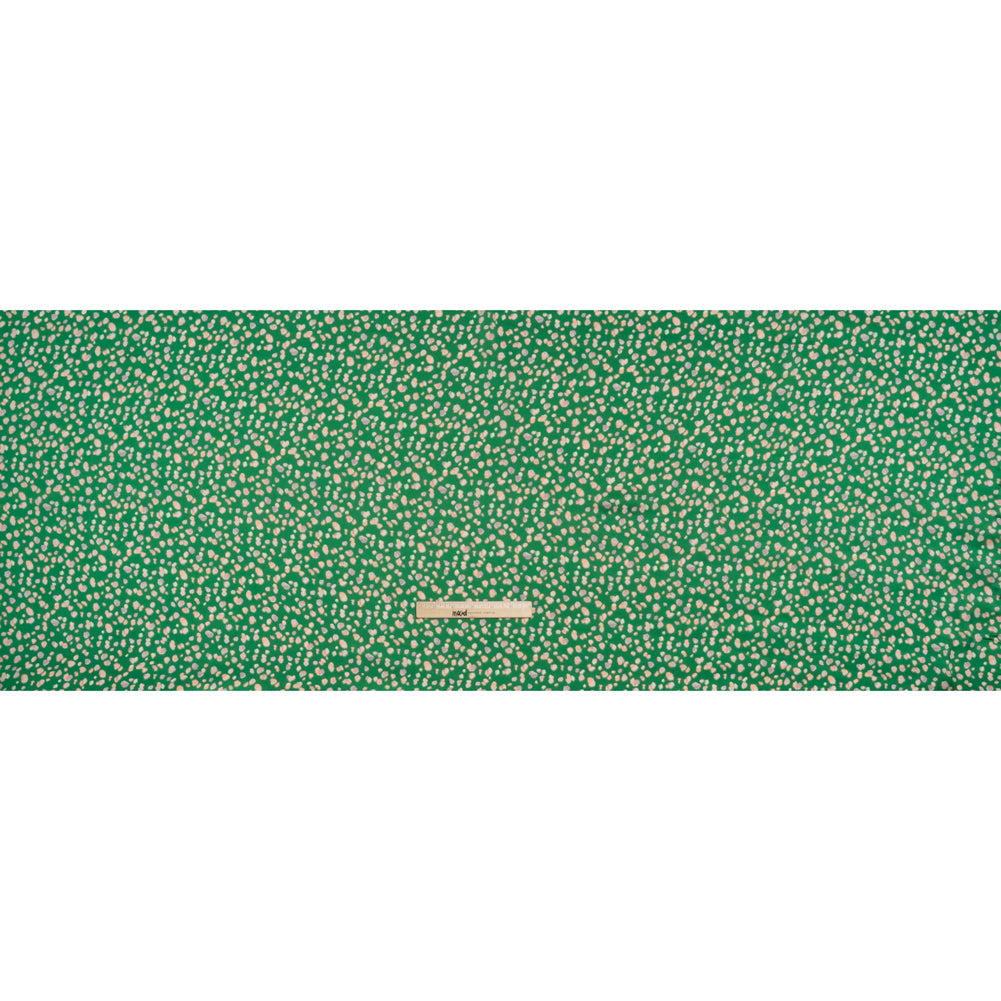 Polyester Satin Print - Kelly Green, Beige and Gray Abstract Dots - Designer Deadstock
