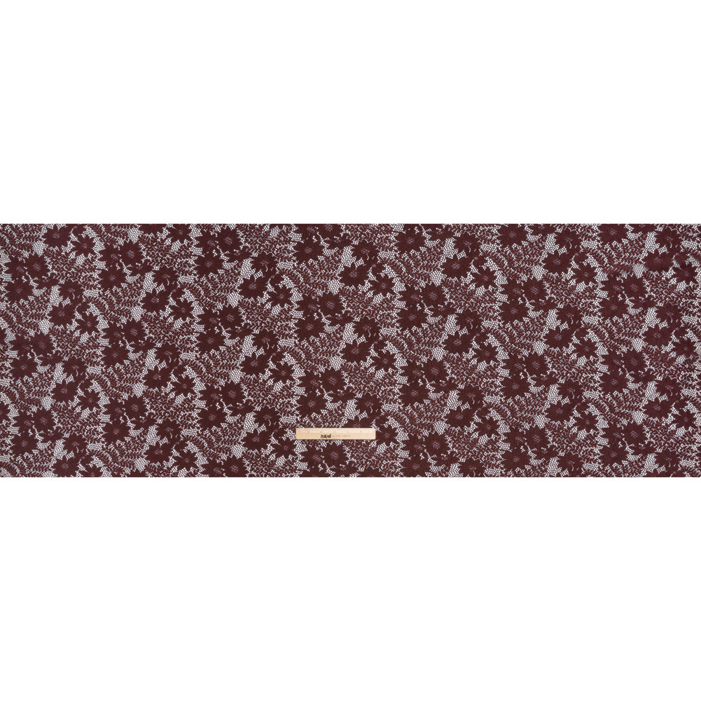 Nylon Re-Embroidered Stretch Lace - Chocolate Brown Flowers and Little Leaves - Designer Deadstock