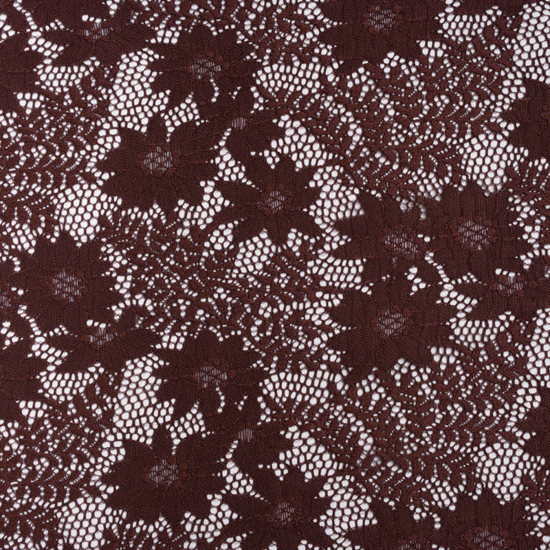 Nylon Re-Embroidered Stretch Lace - Chocolate Brown Flowers and Little Leaves - Designer Deadstock