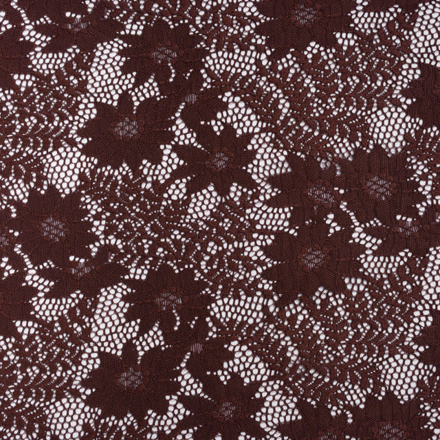 Nylon Re-Embroidered Stretch Lace - Chocolate Brown Flowers and Little Leaves - Designer Deadstock