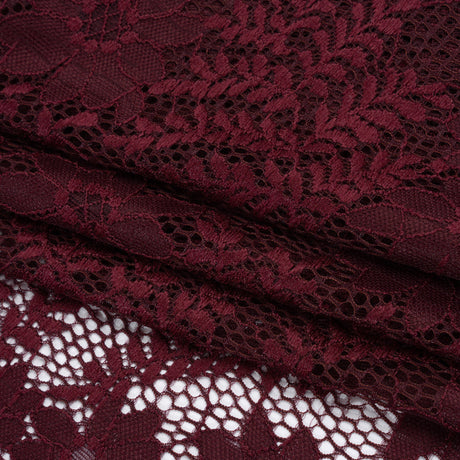 Nylon Re-Embroidered Stretch Lace - Burgundy Flowers and Little Leaves - Designer Deadstock