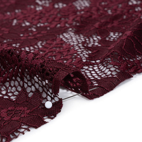 Nylon Re-Embroidered Stretch Lace - Burgundy Flowers and Little Leaves - Designer Deadstock