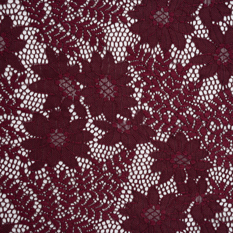 Nylon Re-Embroidered Stretch Lace - Burgundy Flowers and Little Leaves - Designer Deadstock