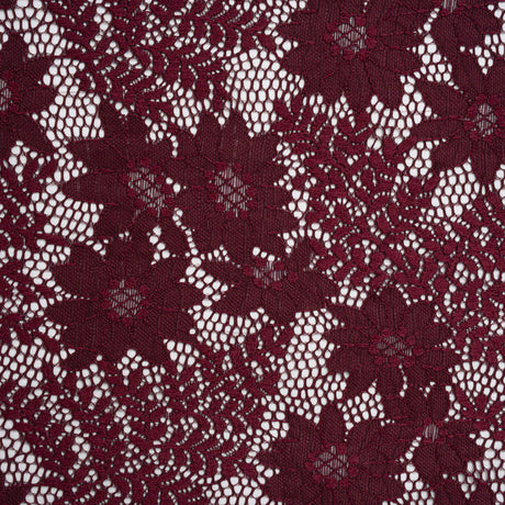 Nylon Re-Embroidered Stretch Lace - Burgundy Flowers and Little Leaves - Designer Deadstock