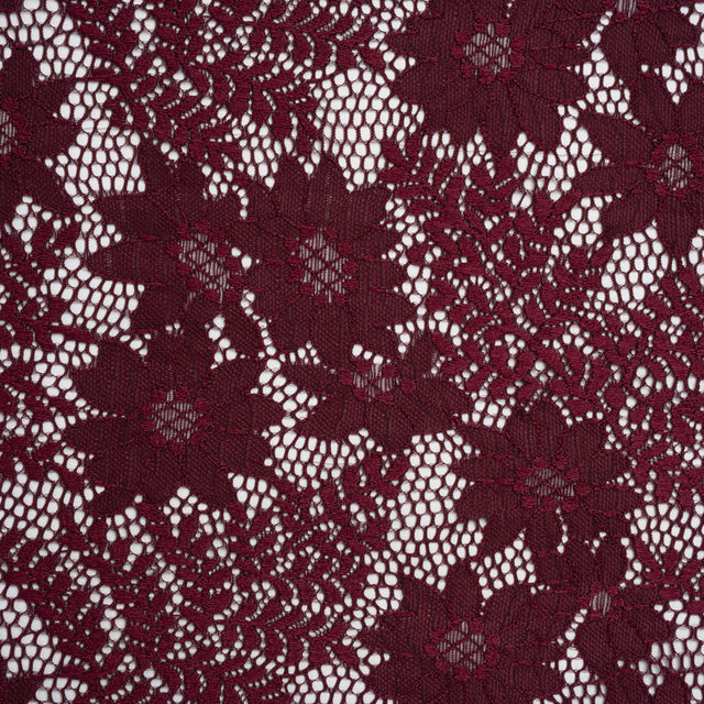 Nylon Re-Embroidered Stretch Lace - Burgundy Flowers and Little Leaves - Designer Deadstock