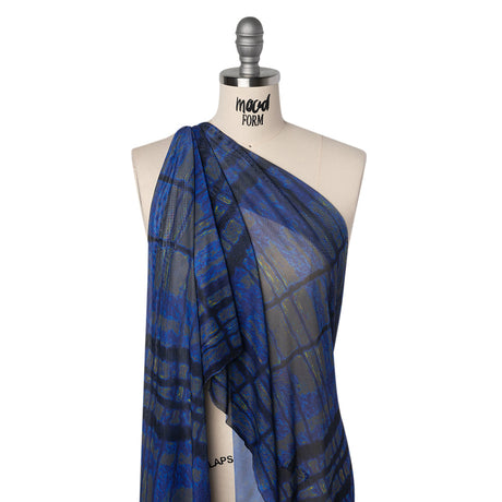 Polyester Stretch Mesh - Electric Blue, Olive and Black Abstract Plaid - Designer Deadstock