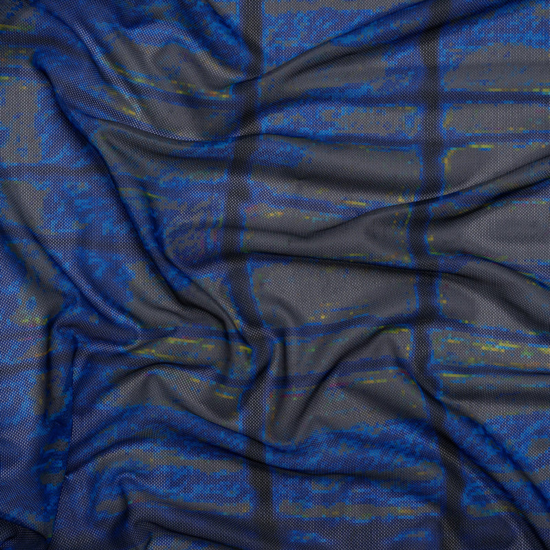 Polyester Stretch Mesh - Electric Blue, Olive and Black Abstract Plaid - Designer Deadstock