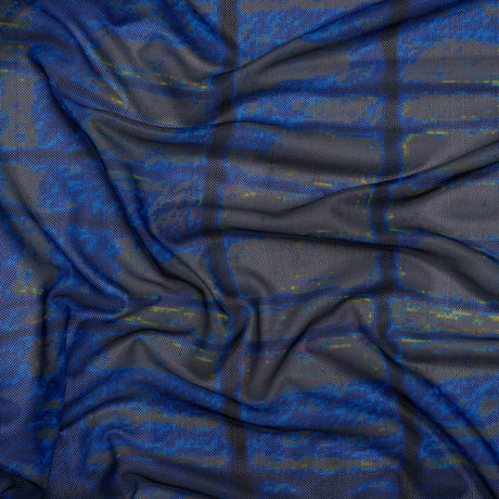 Polyester Stretch Mesh - Electric Blue, Olive and Black Abstract Plaid - Designer Deadstock