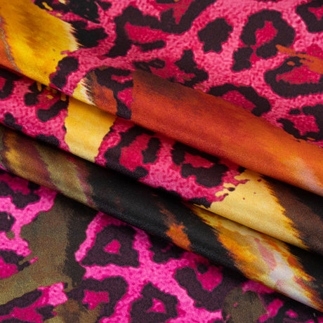 Silk Charmeuse Panel 16MM, Made in Italy - Hot Pink, Red and Beige Abstract Flow with Leopard Print Floral Silhouettes