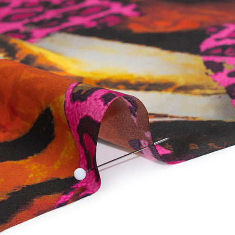 Silk Charmeuse Panel 16MM, Made in Italy - Hot Pink, Red and Beige Abstract Flow with Leopard Print Floral Silhouettes