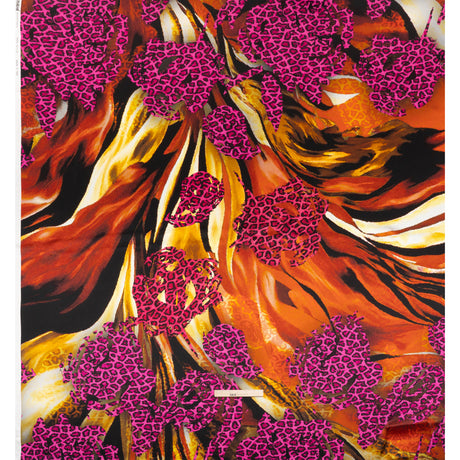 Silk Charmeuse Panel 16MM, Made in Italy - Hot Pink, Red and Beige Abstract Flow with Leopard Print Floral Silhouettes