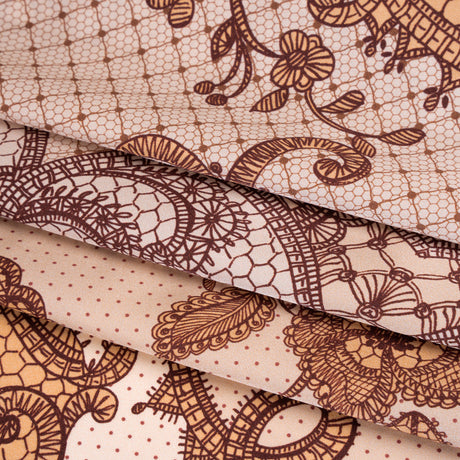 Silk Charmeuse Print 16MM, Made in Italy - Light Peach and Burgundy Lockets and Lace