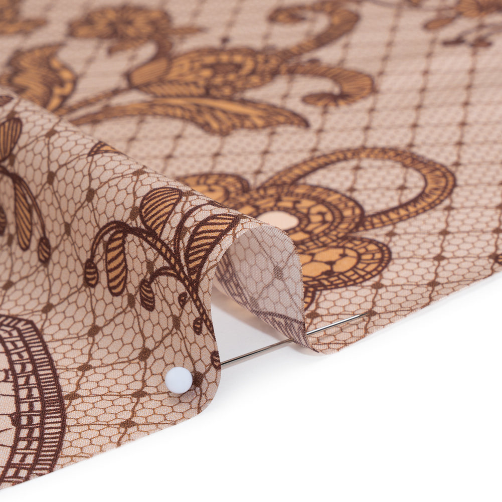 Silk Charmeuse Print 16MM, Made in Italy - Light Peach and Burgundy Lockets and Lace