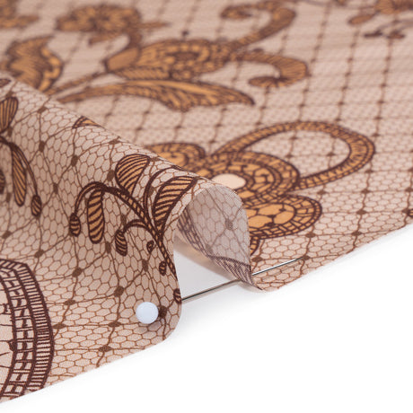 Silk Charmeuse Print 16MM, Made in Italy - Light Peach and Burgundy Lockets and Lace