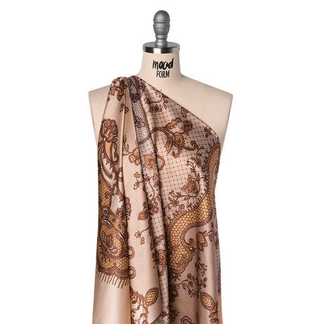 Silk Charmeuse Print 16MM, Made in Italy - Light Peach and Burgundy Lockets and Lace