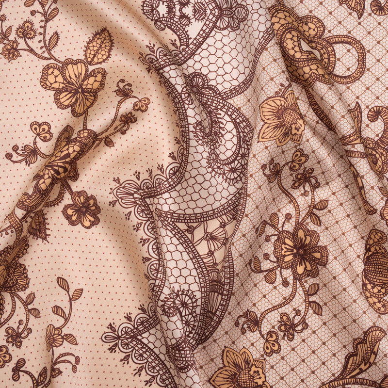 Silk Charmeuse Print 16MM, Made in Italy - Light Peach and Burgundy Lockets and Lace