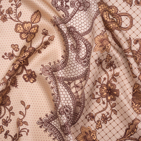 Silk Charmeuse Print 16MM, Made in Italy - Light Peach and Burgundy Lockets and Lace