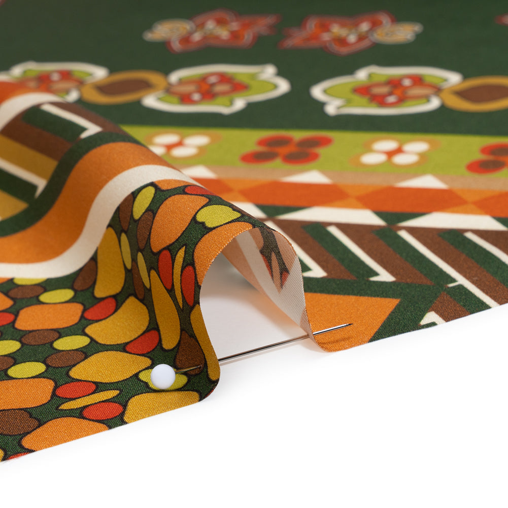 Silk Charmeuse Print 16MM, Made in Italy - Green, Brown and Orange Patchwork Squares with Flowers and Stripes