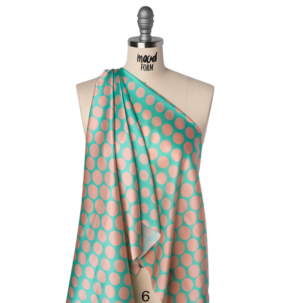Silk Charmeuse Print 16MM, Made in Italy - Turquoise and Peach Polka Dot Gradients