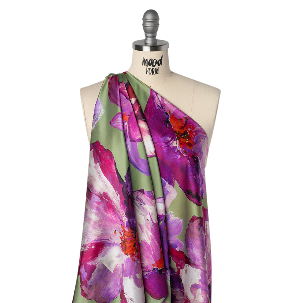 Silk Charmeuse Print 16MM, Made in Italy - Sage Green, Purple and Pink Painterly Flowers