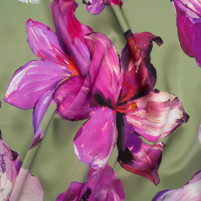 Silk Charmeuse Print 16MM, Made in Italy - Sage Green, Purple and Pink Painterly Flowers