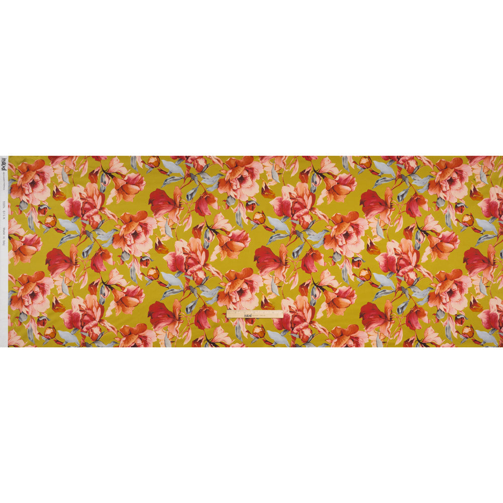 Silk Charmeuse Print 16MM, Made in Italy - Chartreuse and Red Blooming Roses
