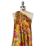 Silk Charmeuse Print 16MM, Made in Italy - Chartreuse and Red Blooming Roses