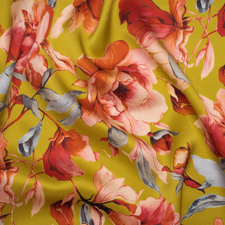 Silk Charmeuse Print 16MM, Made in Italy - Chartreuse and Red Blooming Roses