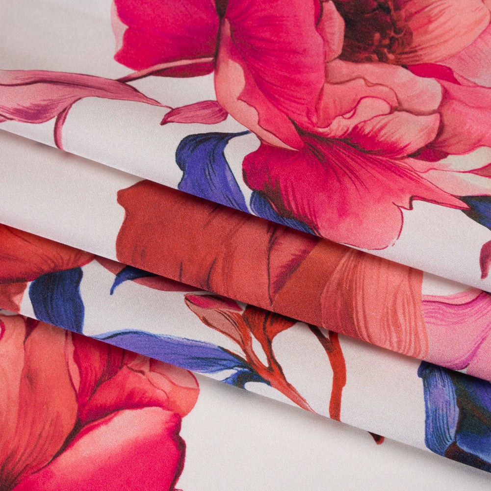Silk Charmeuse Print 16MM, Made in Italy - White, Bright Pink and Blue Blooming Roses