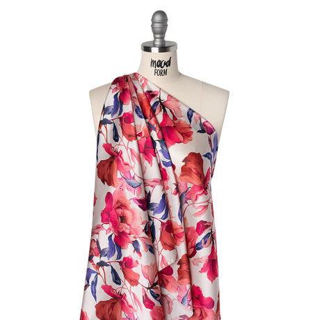 Silk Charmeuse Print 16MM, Made in Italy - White, Bright Pink and Blue Blooming Roses