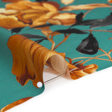Silk Charmeuse Print 16MM, Made in Italy - Teal, Earthy Orange and Charcoal Blooming Roses