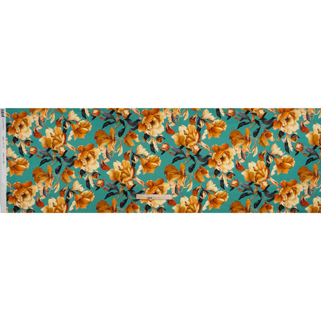 Silk Charmeuse Print 16MM, Made in Italy - Teal, Earthy Orange and Charcoal Blooming Roses
