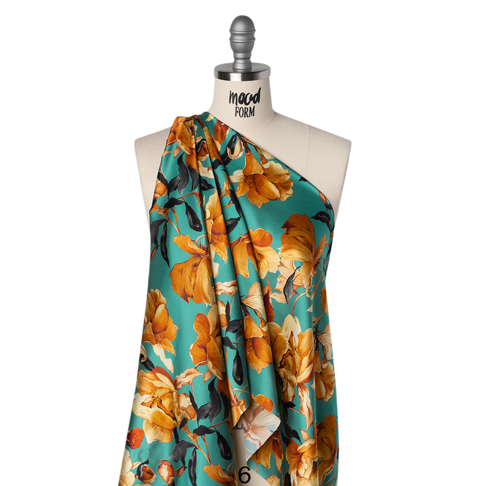 Silk Charmeuse Print 16MM, Made in Italy - Teal, Earthy Orange and Charcoal Blooming Roses